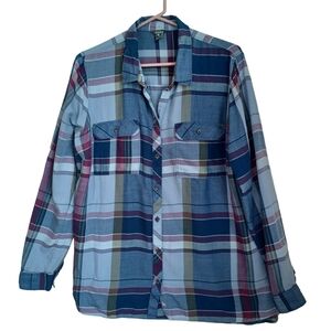 Eddie‎ Bauer Plaid Shirt Blue Cotton Flannel Buuton Up Womens XL